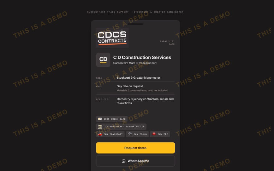 Screenshot of the CDCS Contracts demo booking page
