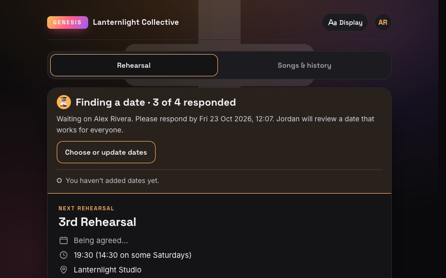 Screenshot of the Genesis app finding a rehearsal date