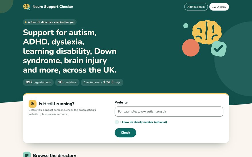 Screenshot of the Neuro Support Checker directory home page